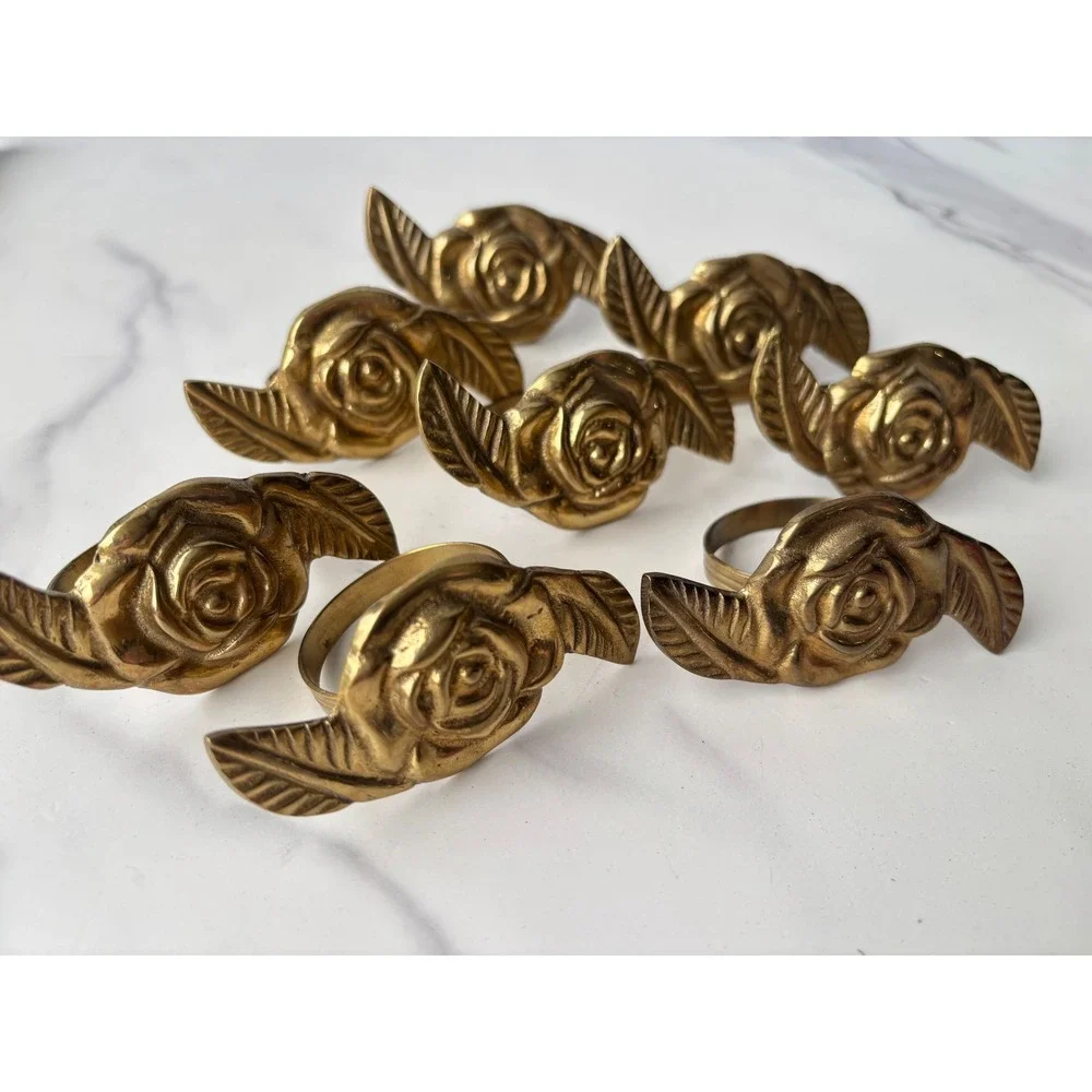 Vintage Brass Rose Napkin Rings Set of 8 Floral Leaf Gold Tone Table Decor